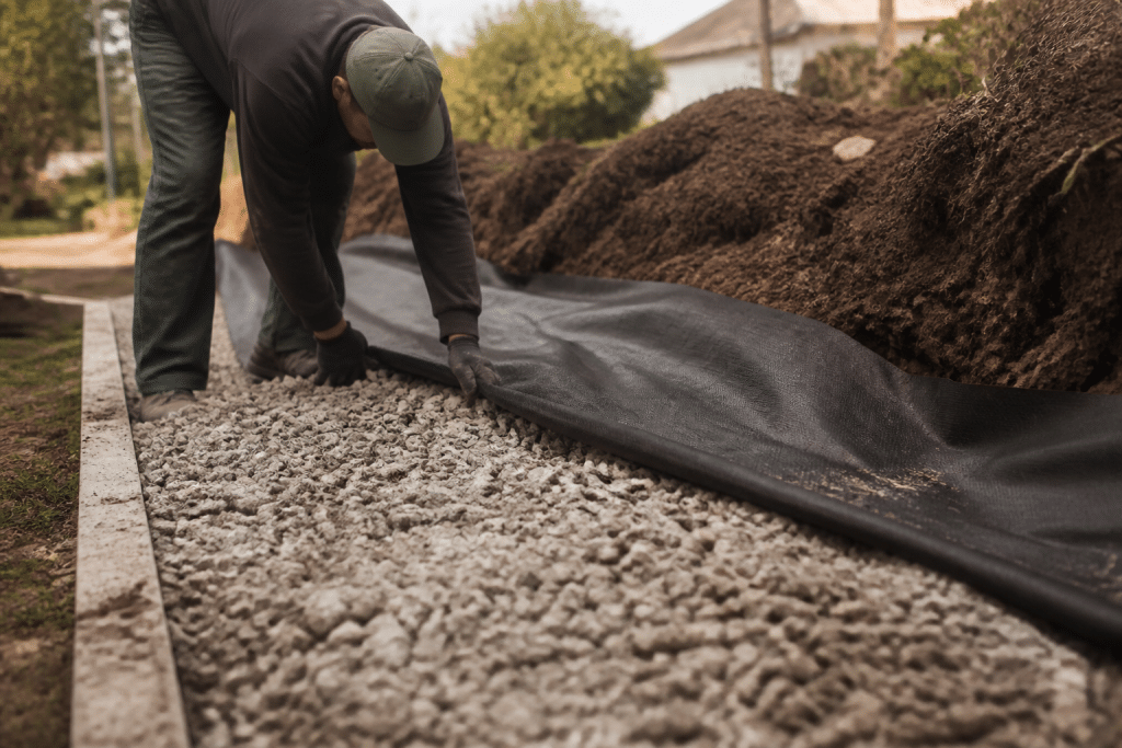 Soil preparation with gravel layer under landscape fabric