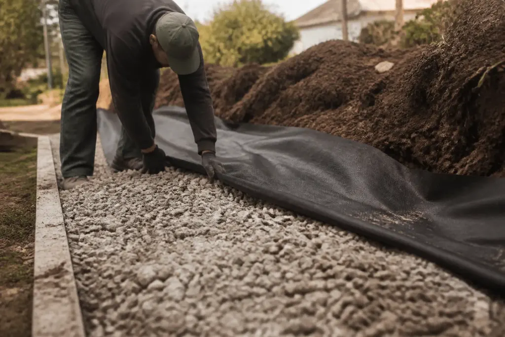 Soil preparation with gravel layer under landscape fabric