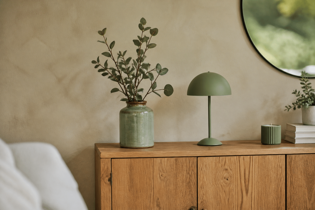 Bois naturel avec murs beige et accessoires verts sauge