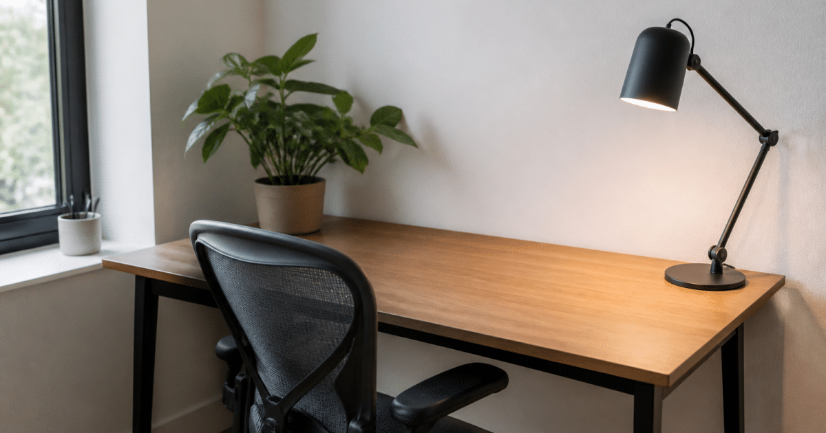 Bureau minimaliste avec plante verte, lampe et chaise ergonomique