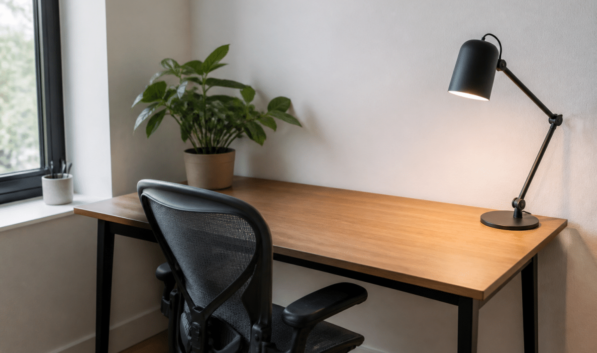Bureau minimaliste avec plante verte, lampe et chaise ergonomique