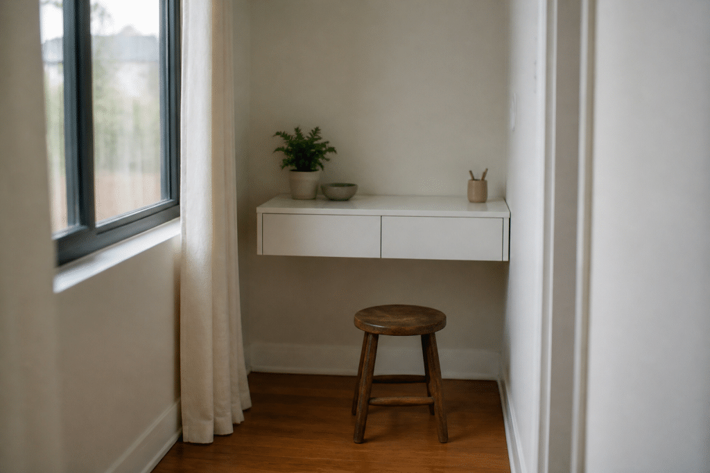 Bureau mural suspendu blanc dans alcove etroite