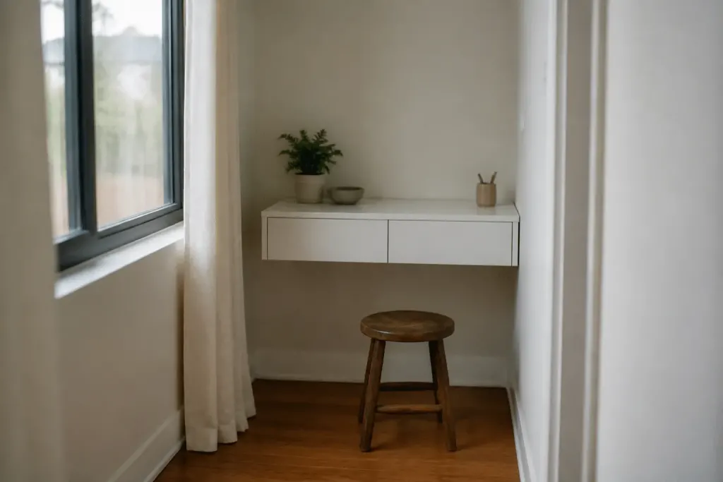 Bureau mural suspendu blanc dans alcove etroite