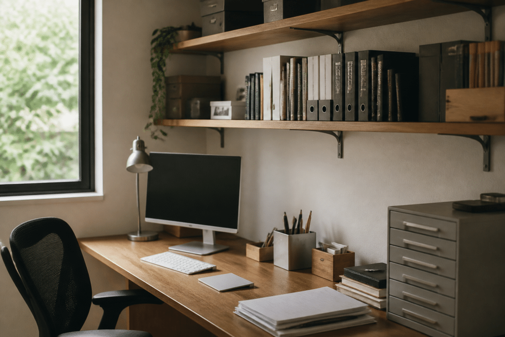 Bureau organise avec etageres murales et documents ranges