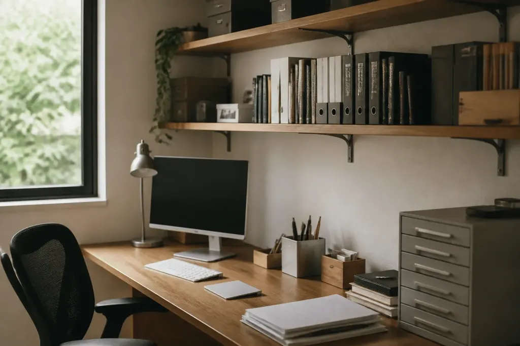 Bureau organise avec etageres murales et documents ranges
