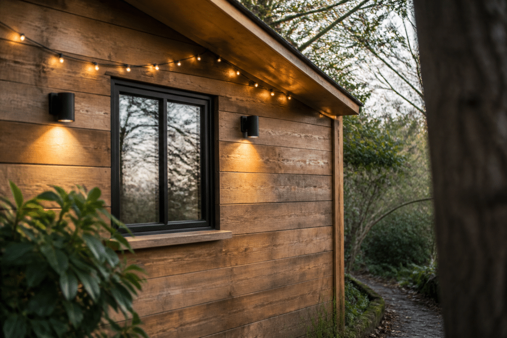 Cabane avec fenetre, guirlandes LED et appliques murales