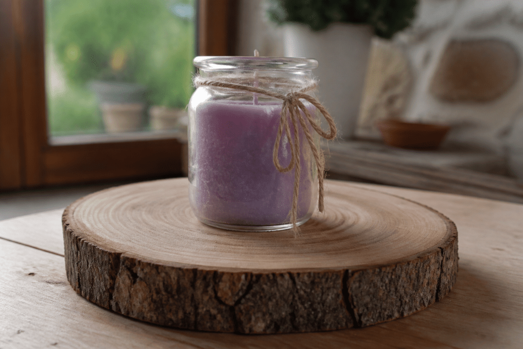 Tranche bois rondin avec bocal verre bougie lavande ficelle