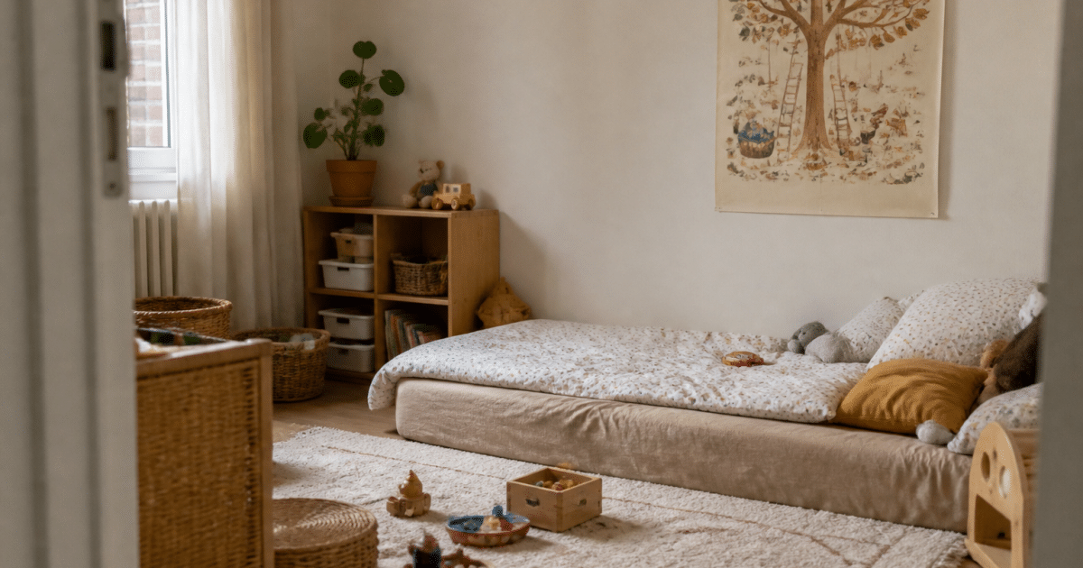 Chambre enfant avec lit bas, jouets colores et affiche murale enfantine
