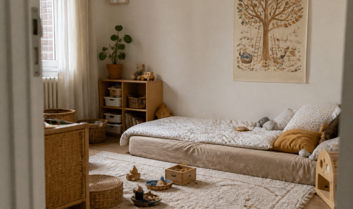 Chambre enfant avec lit bas, jouets colores et affiche murale enfantine