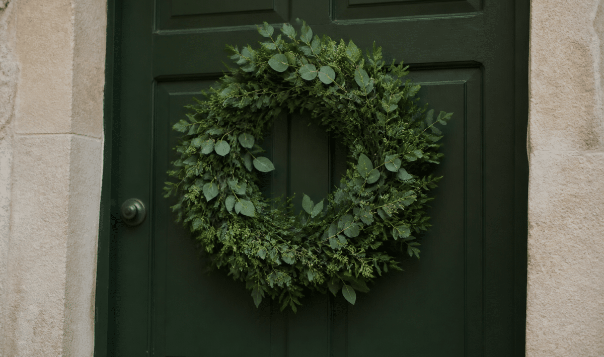 couronne decorative verte suspendue a porte entree maison