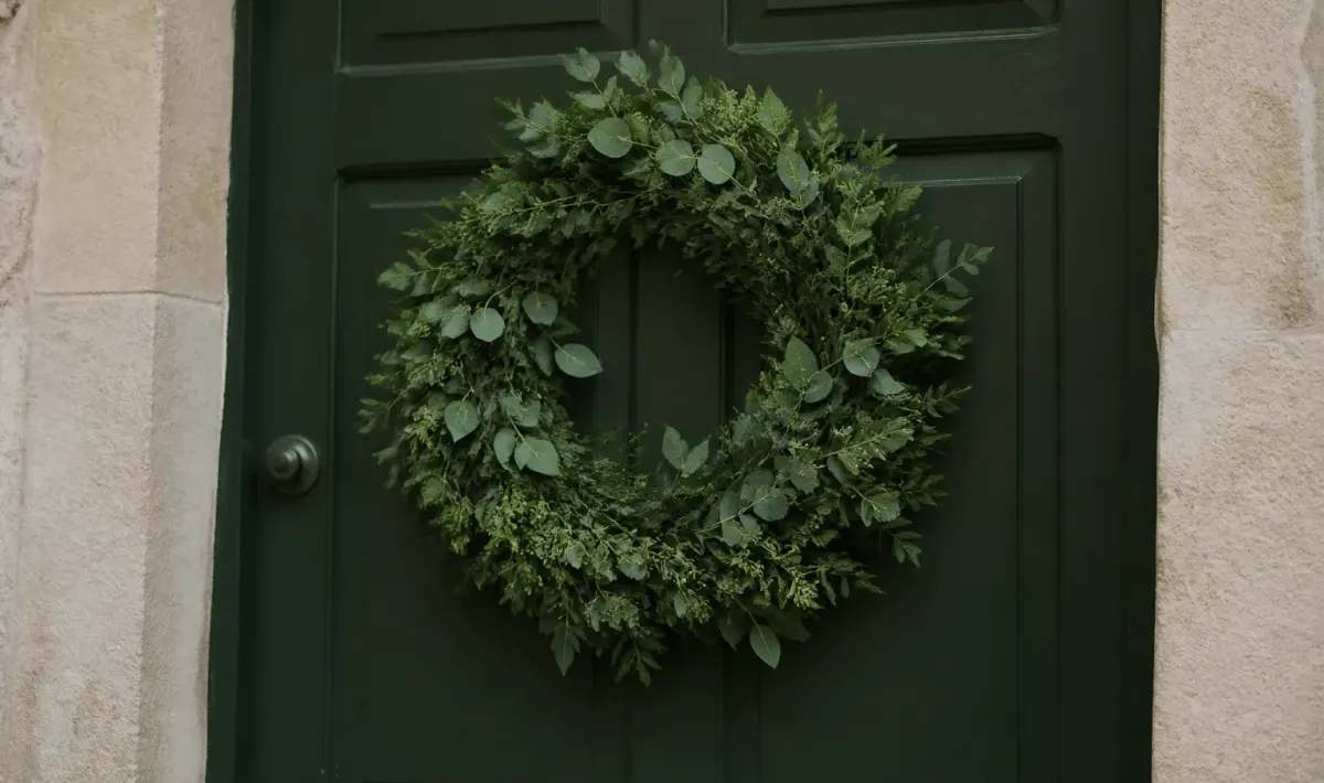 couronne decorative verte suspendue a porte entree maison