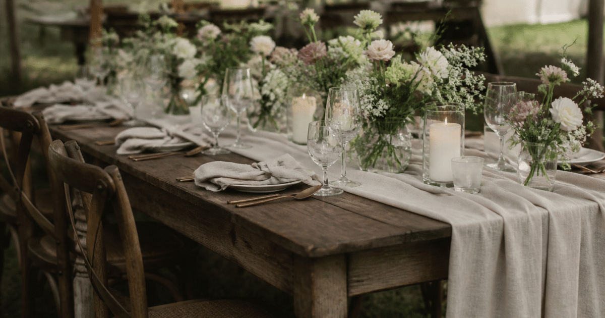 Tables decorees avec fleurs et tissus rustiques disposes