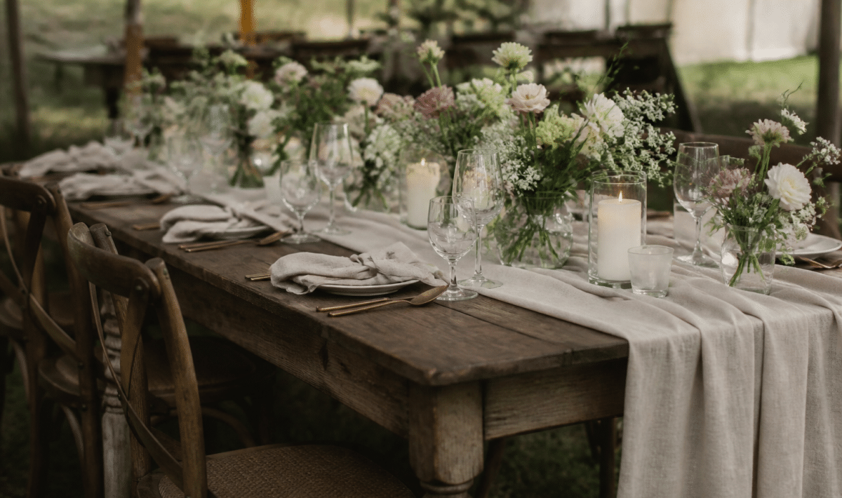Tables decorees avec fleurs et tissus rustiques disposes