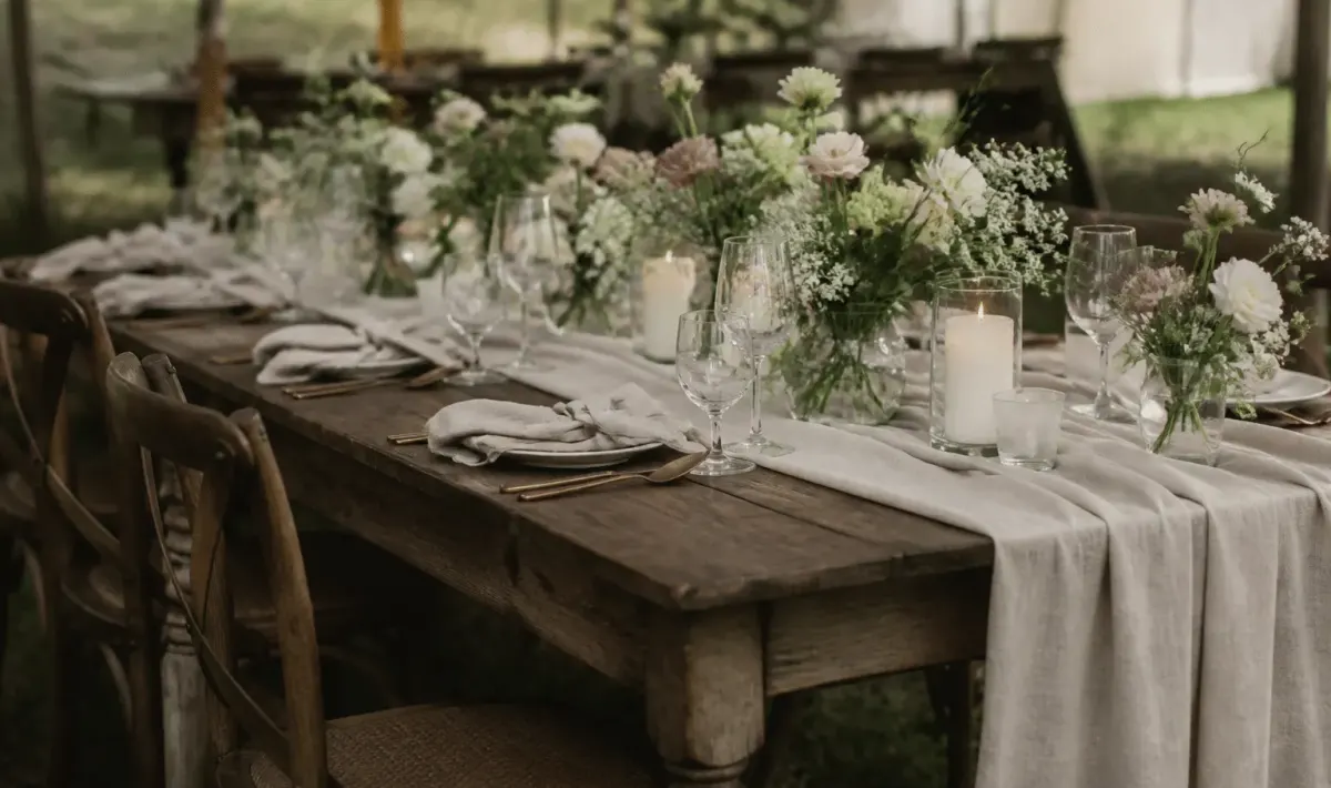 Tables decorees avec fleurs et tissus rustiques disposes