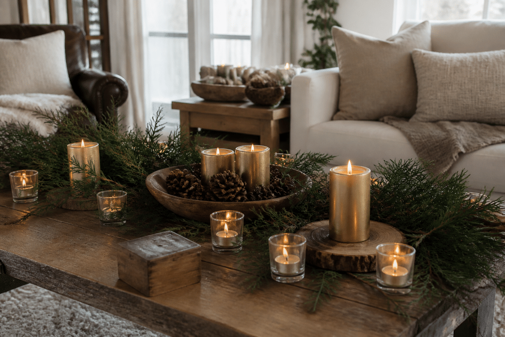 Salon festif avec bougies dorées, branchages verts et bois naturel