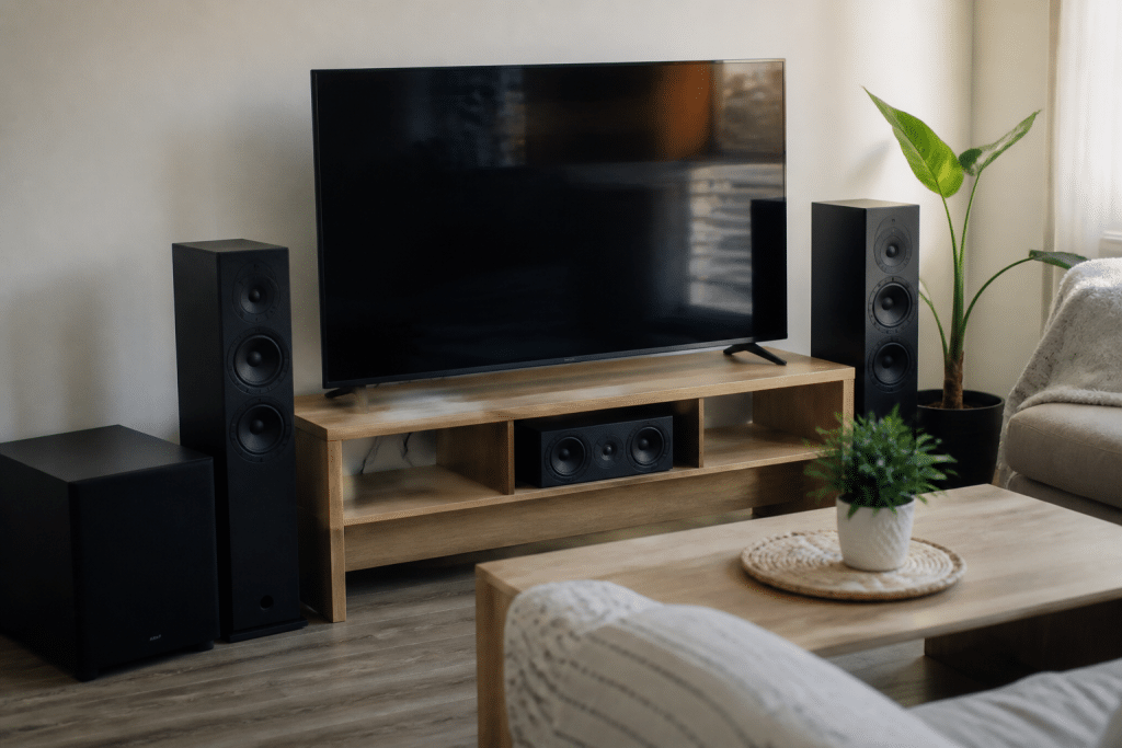 Enceintes noires disposees autour televiseur pour experience cinema maison
