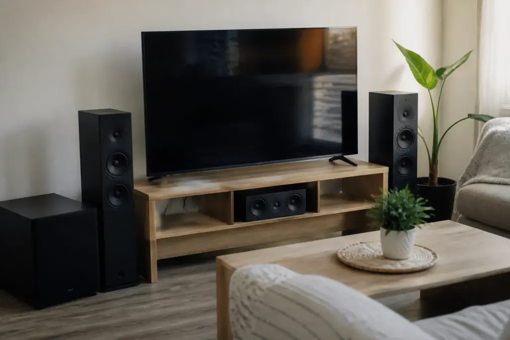 Enceintes noires disposees autour televiseur pour experience cinema maison