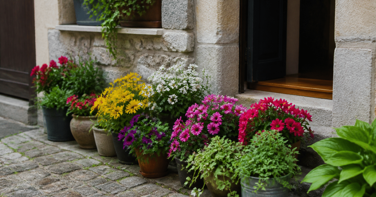 Fleurs colorees disposees en rangees devant entree maison