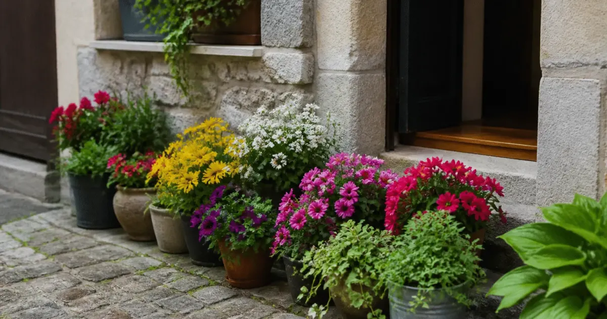 Fleurs colorees disposees en rangees devant entree maison