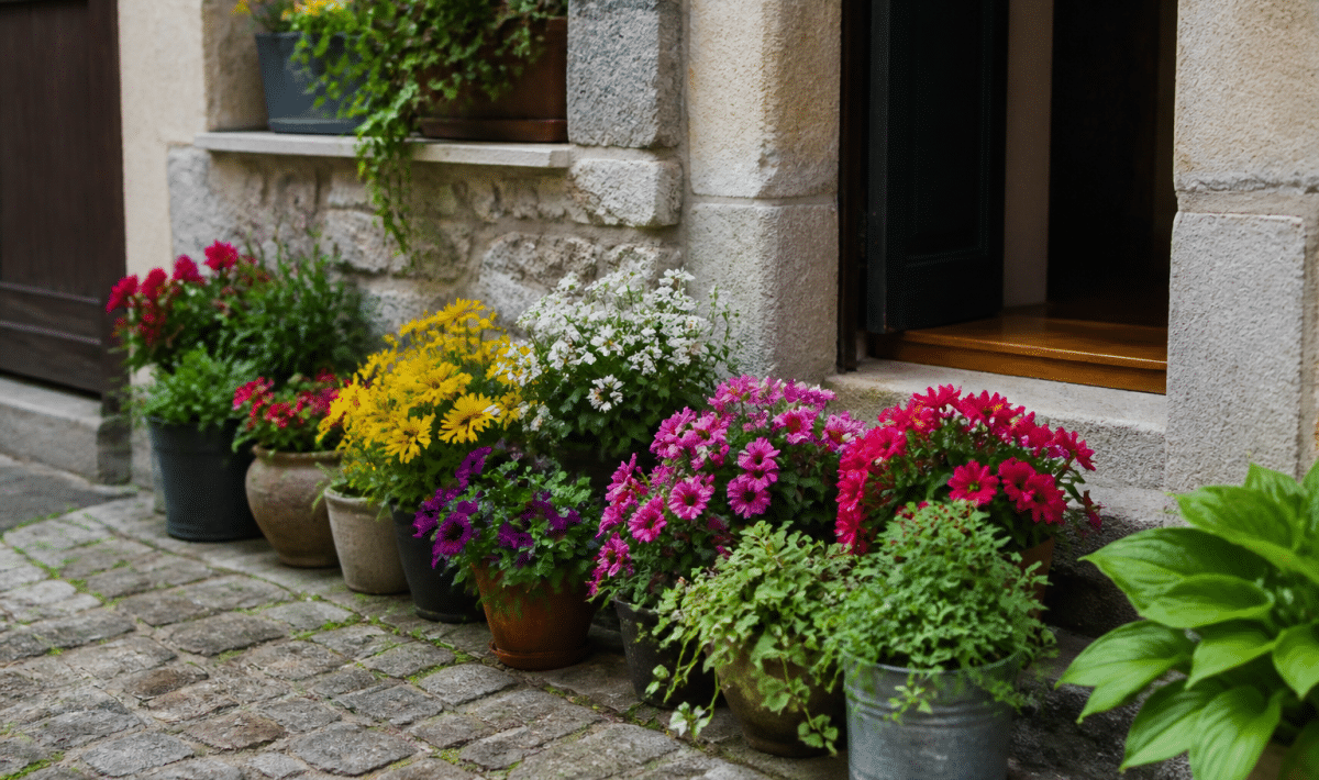 Fleurs colorees disposees en rangees devant entree maison