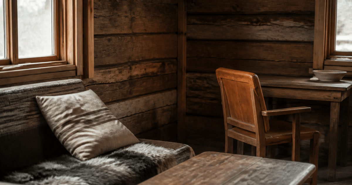 Interieur rustique avec murs bois brut et mobilier simple