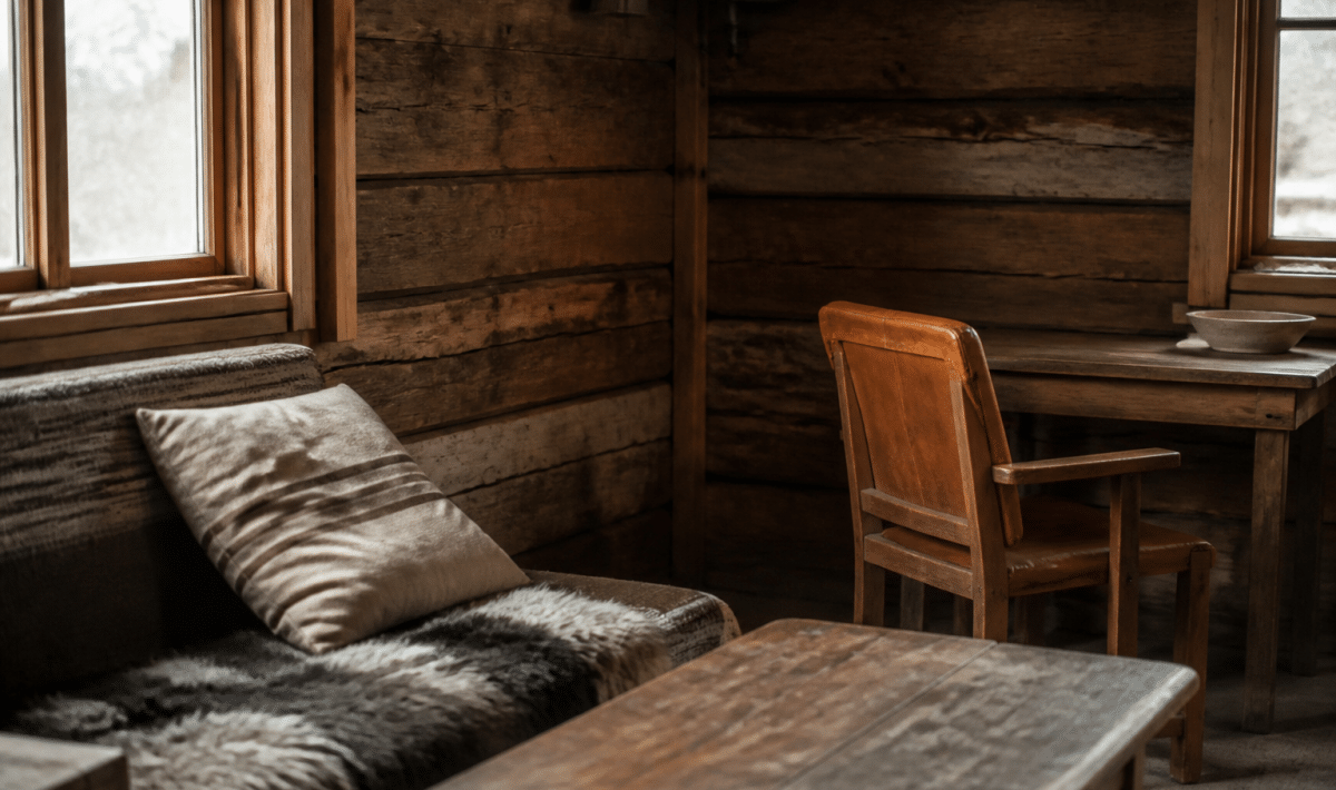 Interieur rustique avec murs bois brut et mobilier simple