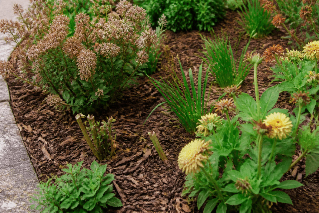 Jardin fleuri avec paillis brun et fleurs fanees coupees