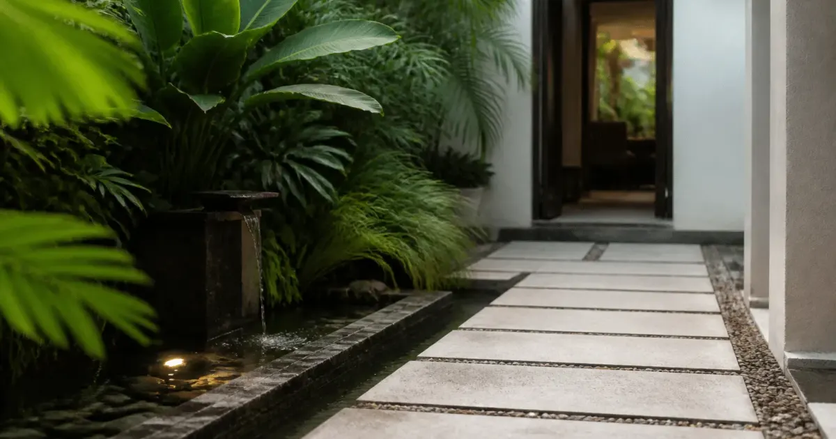 Entree maison avec petit bassin pierre et plantes vertes alignees