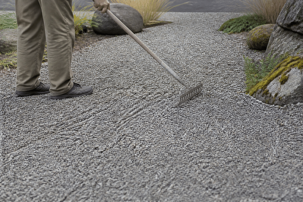 Rake creating patterns in gray gravel garden bed