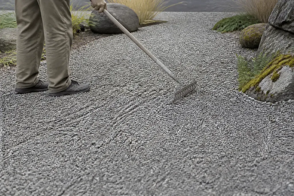 Rake creating patterns in gray gravel garden bed