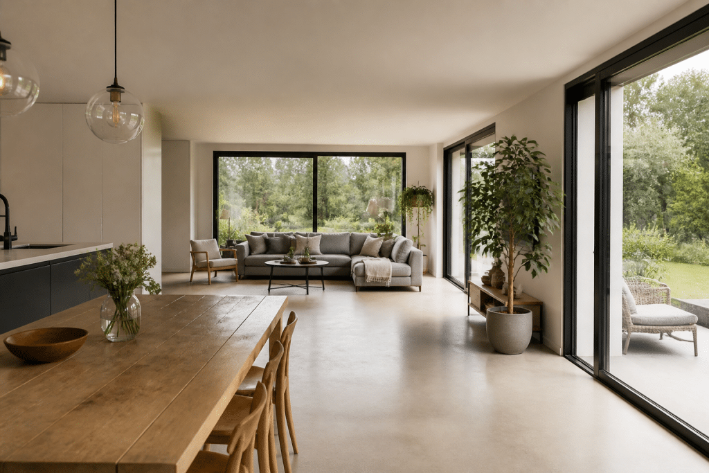 Plan ouvert sans escaliers avec grandes baies vitrees lumineuses