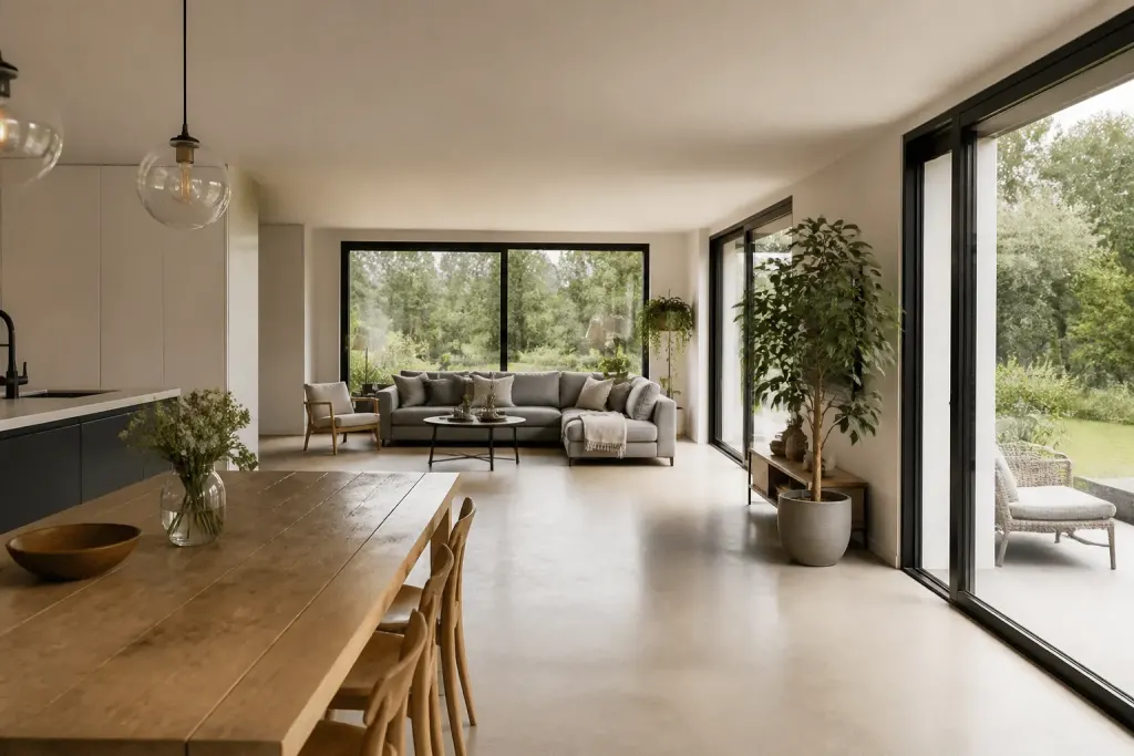 Plan ouvert sans escaliers avec grandes baies vitrees lumineuses