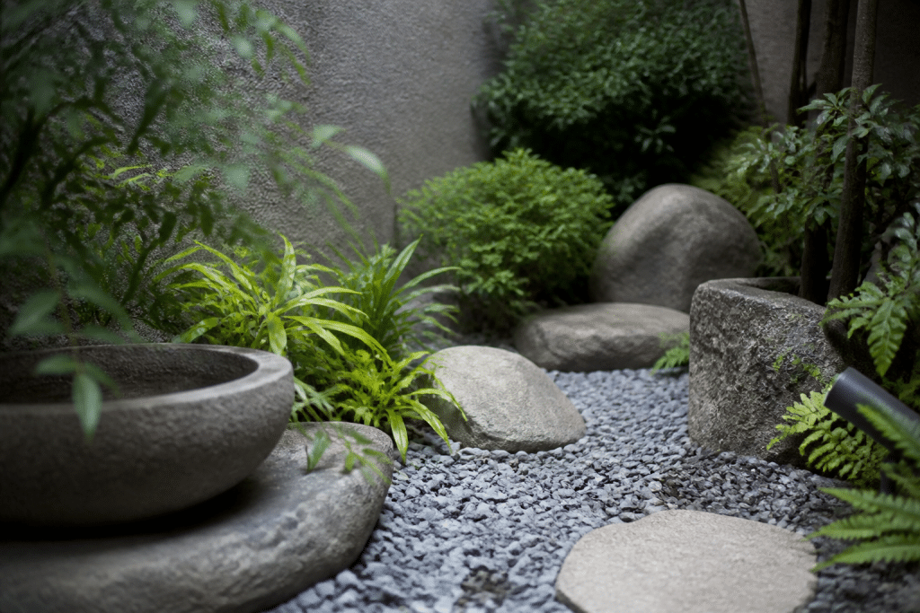 Petit jardin zen avec pierres grises et plantes vertes