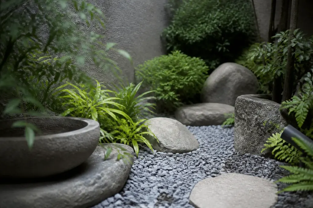 Petit jardin zen avec pierres grises et plantes vertes