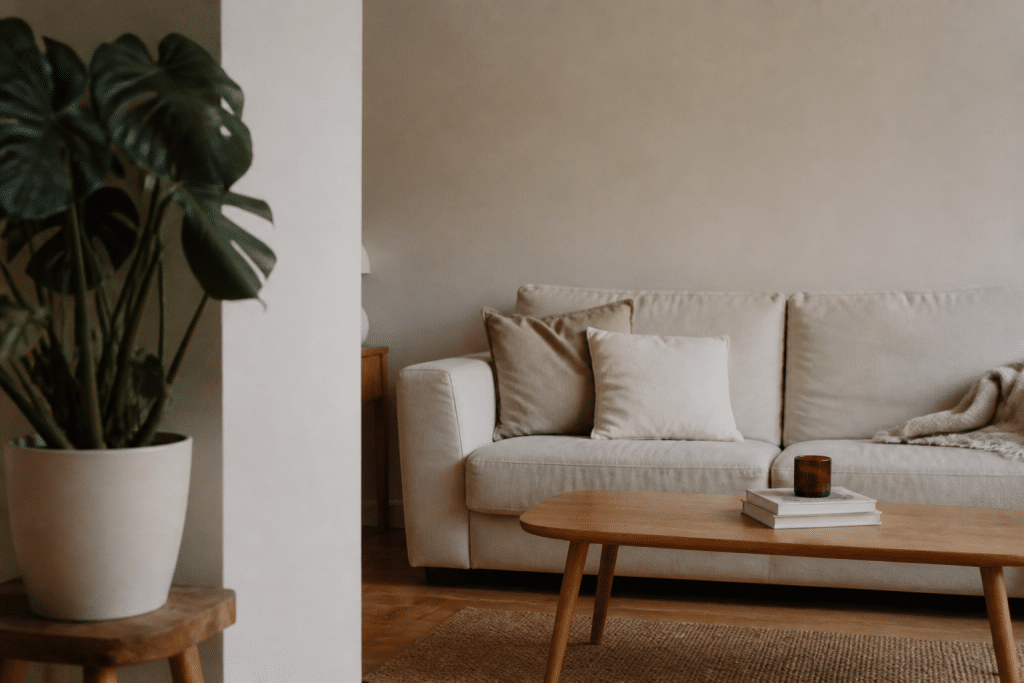 Murs beiges clair avec mobilier neutre et plantes vertes