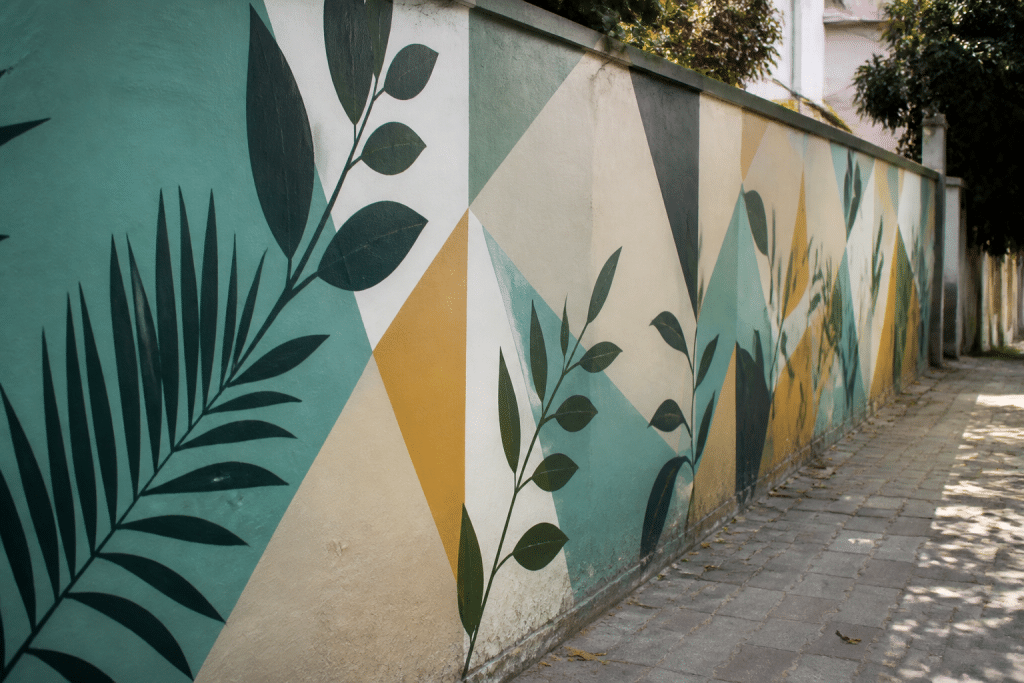 Mur peint avec triangles géométriques et feuilles stylisées