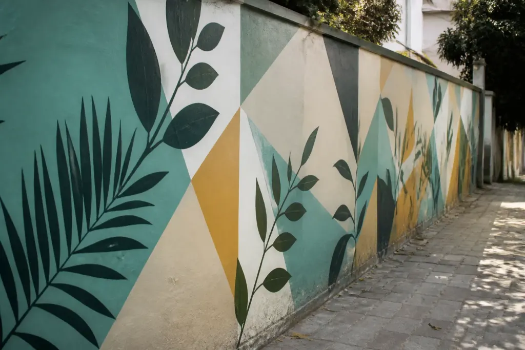Mur peint avec triangles géométriques et feuilles stylisées
