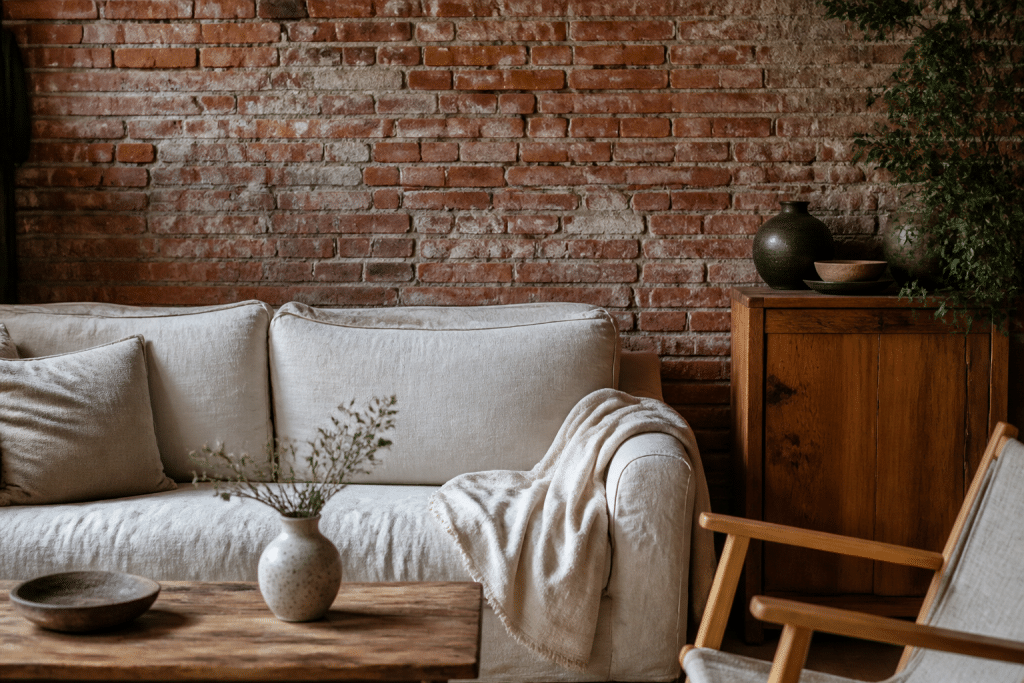 Mur en briques rouges brutes avec mobilier bois et tissu lin