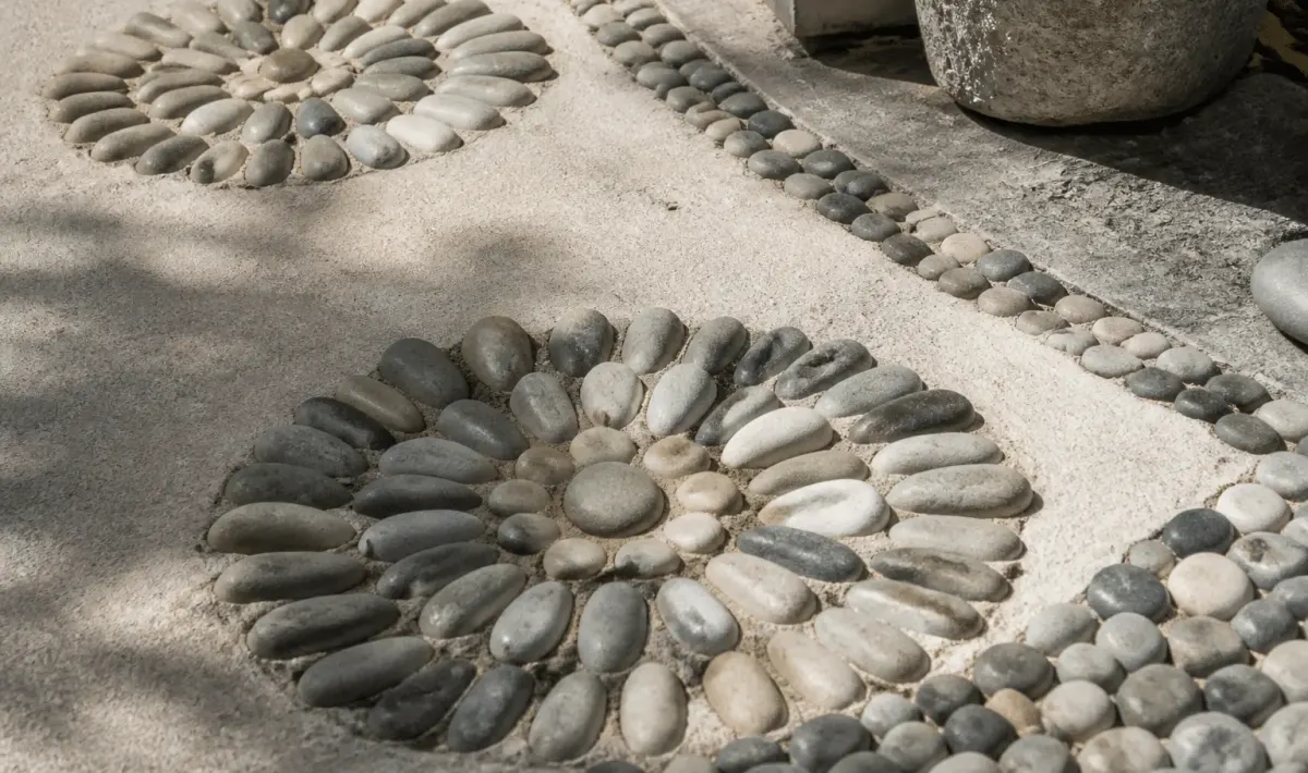 Pierres lisses disposees en motifs sur sol terrasse zen