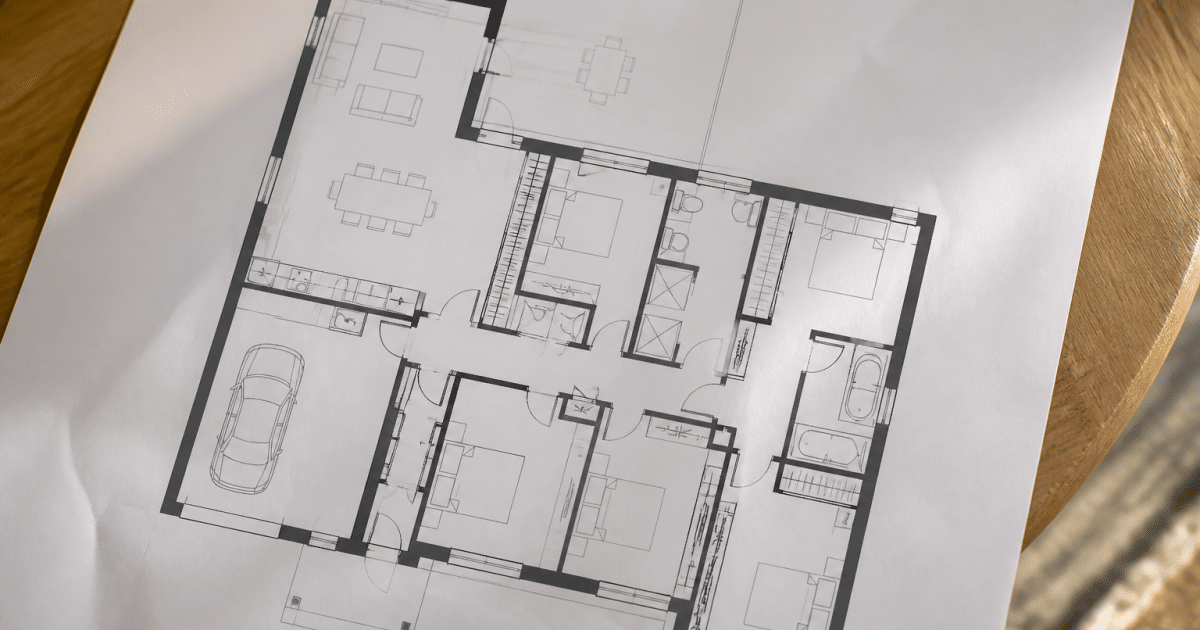Schema architectural maison avec quatre chambres et suite parentale spacieuse