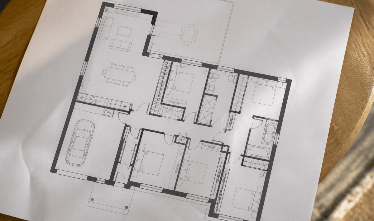 Schema architectural maison avec quatre chambres et suite parentale spacieuse