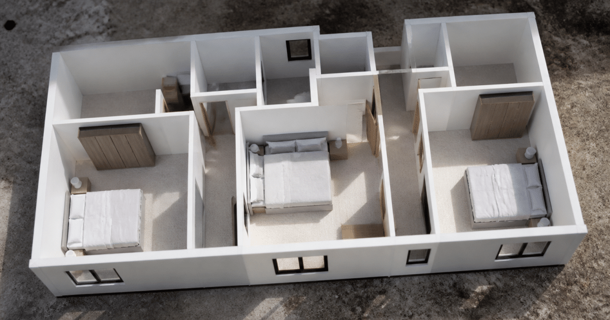 Plan architectural etale montrant trois chambres disposees horizontalement