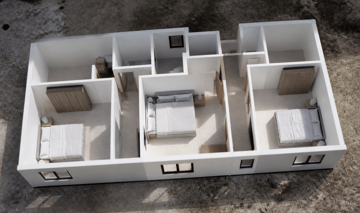 Plan architectural etale montrant trois chambres disposees horizontalement