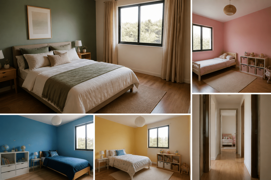 Plan maison avec chambre parentale spacieuse et trois chambres colorees