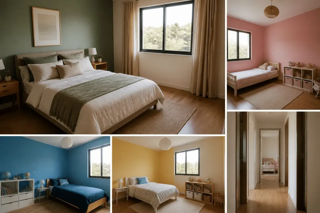 Plan maison avec chambre parentale spacieuse et trois chambres colorees