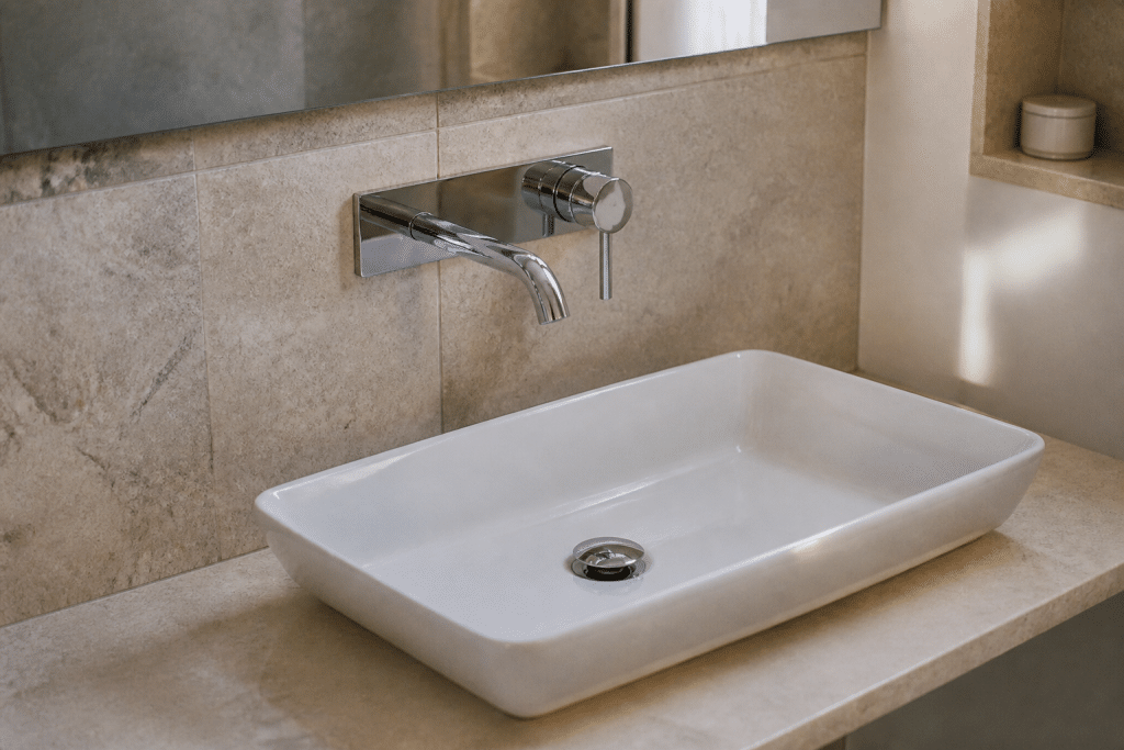 Salle de bain moderne avec carrelage pierre et robinetterie brillante