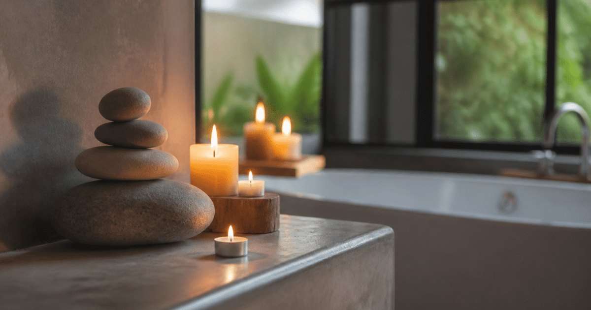 Salle de bain minimaliste avec galets empiles et bougies allumees