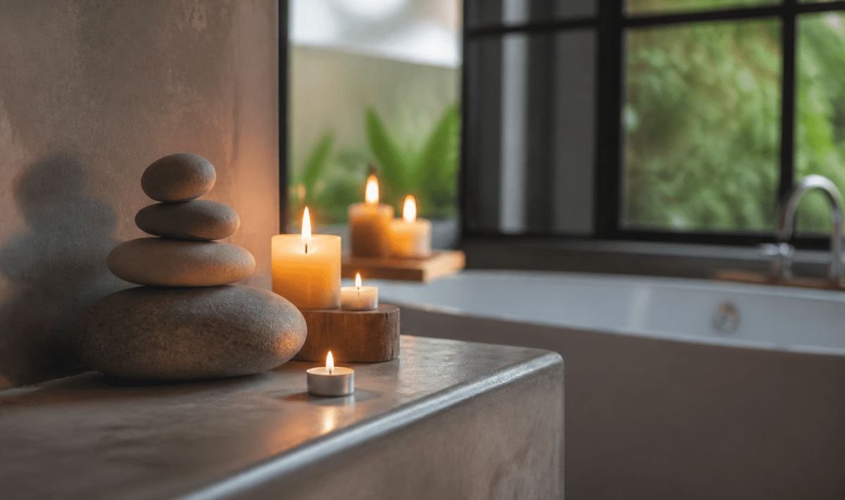 Salle de bain minimaliste avec galets empiles et bougies allumees