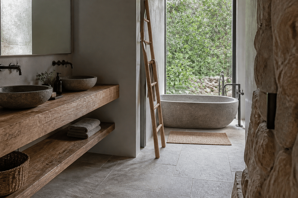 Salle bain zen pierre bois texture naturelle
