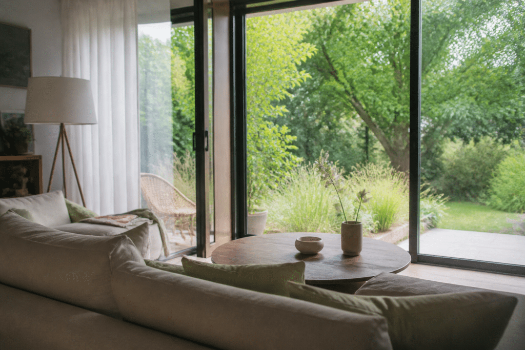 Salon ouvert avec baies vitrees donnant sur jardin verdoyant